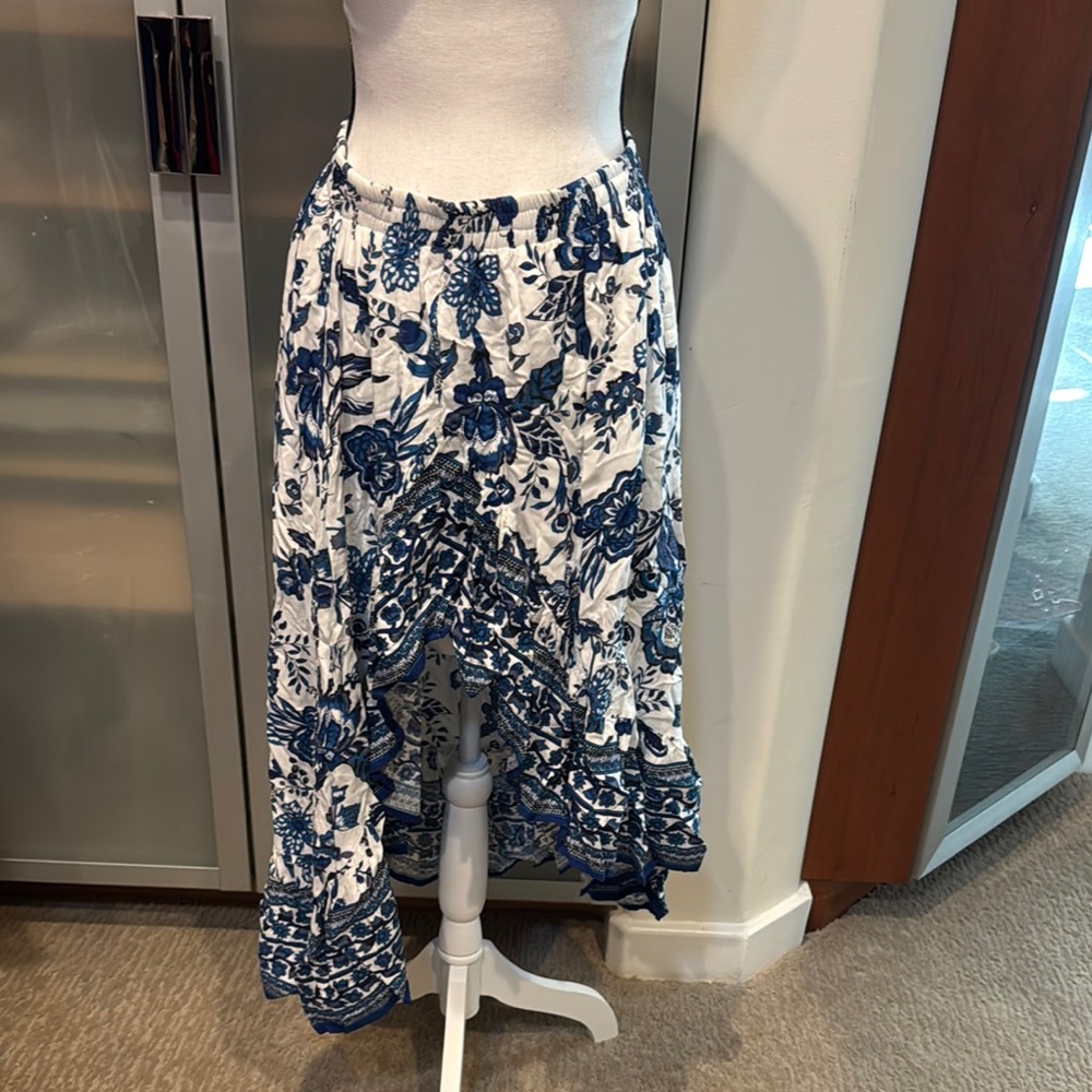 Blue and White Maxi Wrap Skirt with High-Low Hem